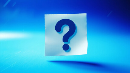 A blue question mark symbol on a white square paper against a blue background.