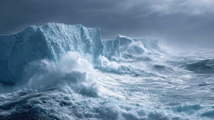 Dramatic Waves Crashing Against Majestic Ice Cliffs in a Stormy Ocean Scene