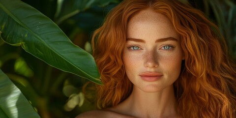 Fototapeta premium Portrait Of A Radiant Redhead Woman With Clear Blue Eyes Beauty, Freckled, And Confidence
