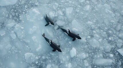 Fototapeta premium Three Orcas Swimming in Icy Arctic Waters Aerial View Wildlife Conservation