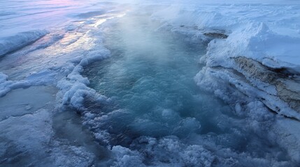 Winter Wonderland Hot Spring Steam Rising Through Ice Cold Water Natural Geothermal Spa in Frozen Landscape