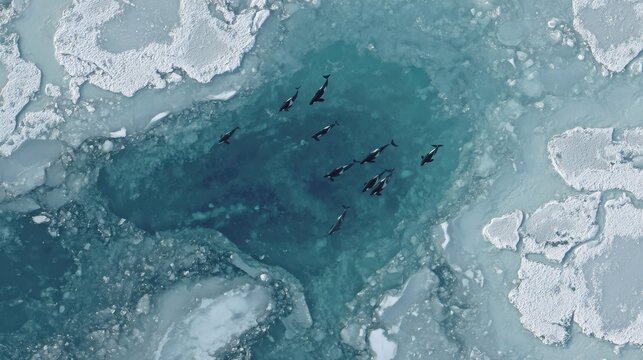 Orcas swimming in icy Arctic waters aerial view of a pod of killer whales in a breathtaking polar landscape