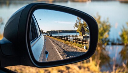 A roadside view reflected in a car's side mirror, showing a tranquil lake and autumnal scenery