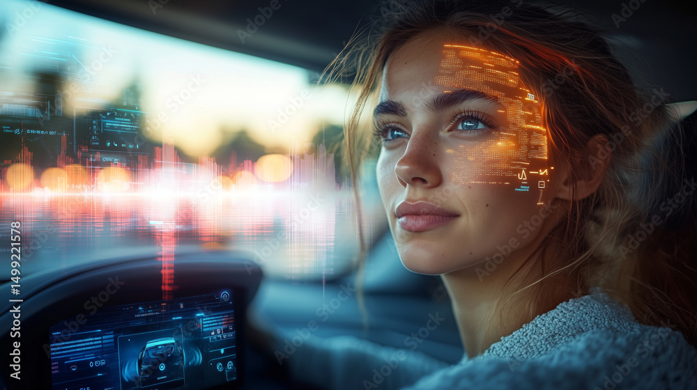 Fototapete A woman sits in a vehicle, engaging with an advanced voice control system while the sun sets. Digital graphics display sound waves and data, integrating human interaction with technology.