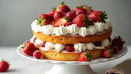 A layered cake adorned with fresh berries and whipped cream.
