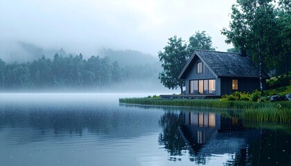 Fototapeta premium A serene lakeside scene features a modern cabin nestled on the water's edge, shrouded in morning mist. The reflection is mirrored in the calm water