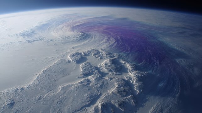 Stunning Aerial View of a Polar Vortex Swirling over Icy Terrain A Breathtaking Satellite Image of Earth's Polar Region - Powered by Adobe