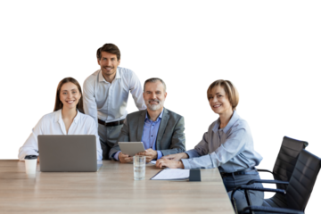 Group of positive successful modern people sitting in office and looking at camera.