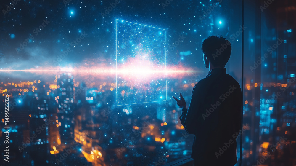 Aufkleber a person stands by a large window overlooking a city skyline at night. they interact with a holograp