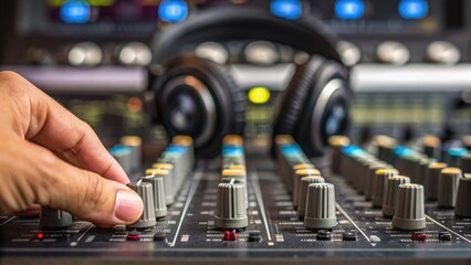 Naklejka premium A close-up of a hand adjusting knobs on a sound mixer, with headphones in the background, showcasing a music production setup.