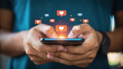 A person holds a smartphone with floating hearts and messages, symbolizing social media engagement and connection.
