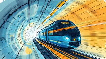 A high-speed train moving through a tunnel with blue and yellow lights, creating a sense of motion.