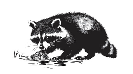 Fototapeta premium This image is a detailed monochrome illustration of a raccoon seemingly foraging. The illustration style employs varying line weights and hatching techniques to create a sense of depth and texture