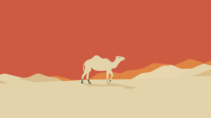 The image is a stylized vector illustration depicting a camel silhouette against a minimalist desert landscape. The camel is rendered in a pale beige color, with simplified features.