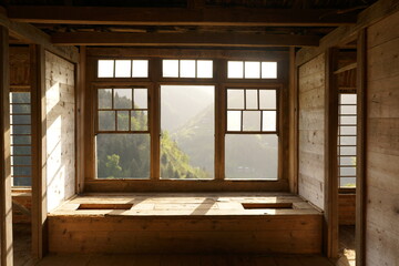 Old abandoned wooden house interior with an empty room and a view of the broken window and door frames