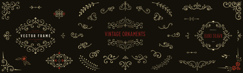 Vector handdrawn frames, ornate elements, labels, scroll, logos, floral motifs. For branding, graphic design, packaging, stickers, business and greeting cards, invitations, menu.
