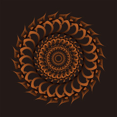 Mandala Abstract Design with Golden Orange Symmetrical Pattern on Black Background