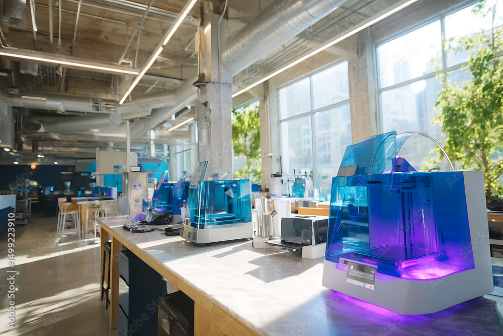 Poster futuristic additive manufacturing lab showcasing advanced technology and innovation in 3d printing.