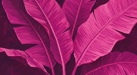 Painting of Tropical Leaves with Pink Hue on Dark Background