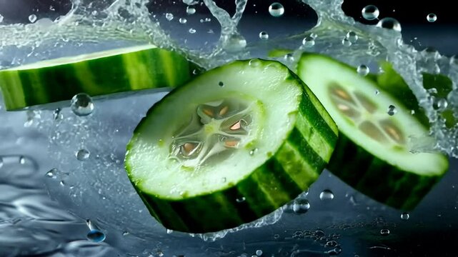 Fresh cucumber slices splashing into water, creating dynamic ripples and droplets around them