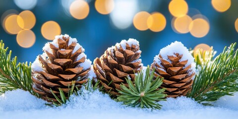 Christmas snowy winter holiday celebration greeting card - Closeup of frozen pine branch and snow, defocused blurred background with blue sky and