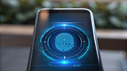 A smartphone displaying a digital fingerprint scanner with a futuristic design and glowing blue interface elements.