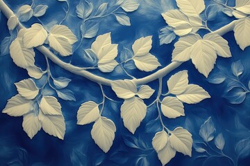 White leaves and branches relief on textured blue background. Great for elegant backgrounds, website headers, and artistic projects.