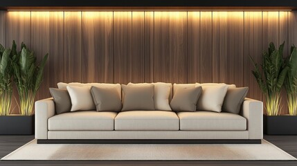 Modern Beige Sofa in Luxurious Living Room with Wooden Wall and Warm Lighting