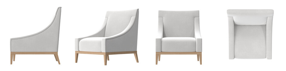 high back armchair with oak legs and fabric upholstery multiple view isolated.