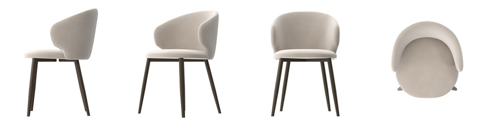 modern dining chair with rounded backrest and slim legs multiple view isolated.