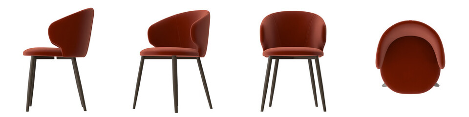 modern dining chair with curved backrest and dark legs multiple view isolated.