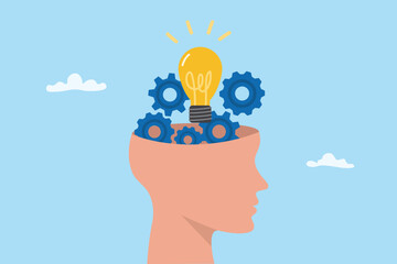 Creative and system thinking, solving problem skill, method analysis for solution success and resolution process concept. Human head with gear and light bulb vector illustration.