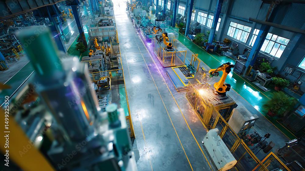 Poster Futuristic factory scene featuring AI-driven robots at work in a high-tech environment.