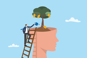 Businessman watering to head tree with coins concepts growth mindset business saving money financial investment management or retirement planning high return profits increase flat vector illustration.