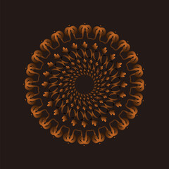 Mandala Abstract Design with Golden Orange Symmetrical Pattern on Black Background