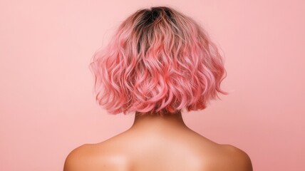 Rose gold straight sleek with ombre coloring, model showcasing embodying beauty against soft pink backdrop, hair contemporary elegance