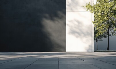 Sun-dappled modern wall, black and white, with two leafy trees casting shadows on a paved ground