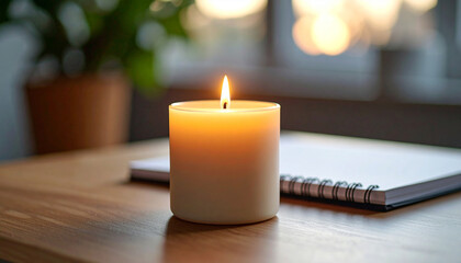 Tranquil Ambiance: A single, softly glowing candle casts a warm light, bringing a sense of peace and contemplation. It sets atop a wooden surface next to an open notepad and plant