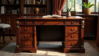 Refined mahogany writing desk with inlaid details, vintage desk, home furnishings, detail