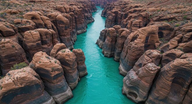 Aerial View of Turquoise River Flowing Through a Narrow Canyon