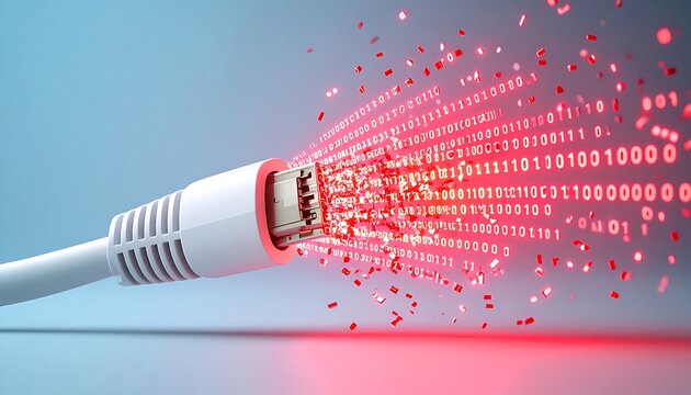 Close-up of a cable connector emitting a stream of glowing binary code