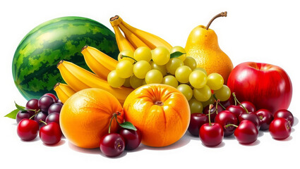 A vivid assortment of fresh fruits including bananas, grapes, watermelon, peaches, apples, cherries, and pears arranged together on a white background.