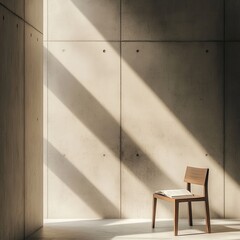 Sunlight streams into a minimalist room, illuminating a solitary wooden chair and a book resting on its seat against a textured concrete wall