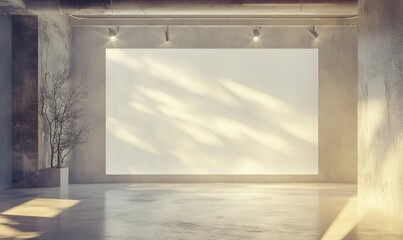 Sunlit blank canvas on a large, industrial-style grey concrete wall in a minimalist room, featuring exposed pipes and dappled sunlight