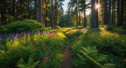 Obraz premium Sunlit Forest Trail with Wildflowers A Breathtaking Nature Scene