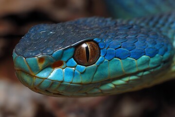 Fototapeta premium Radiant viper snake with blue head closeup 