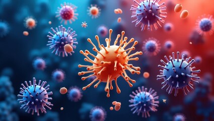 Close-up view of various viruses in 3d illustration.
