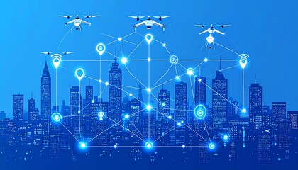 Digitally enhanced cityscape depicts drones connected via a network over the urban skyline. Blue lights and lines are prominent