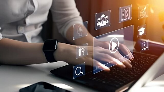 Woman Typing on Laptop With E Learning Icons in Bright Light Office Showing Hands And Wristwatch