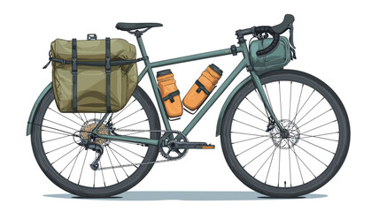 A digital illustration of a teal-grey gravel bicycle equipped for long-distance travel. The bike features wide tires with mudguards, a sturdy frame, drop handlebars with bar tape, and a mounted rack.